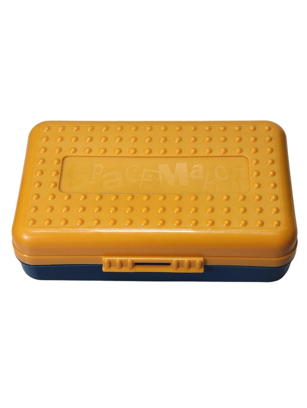 Vintage 90s Spacemaker Hard Pencil Case Box Mustard Top Frosted Teal/Navy Bottom